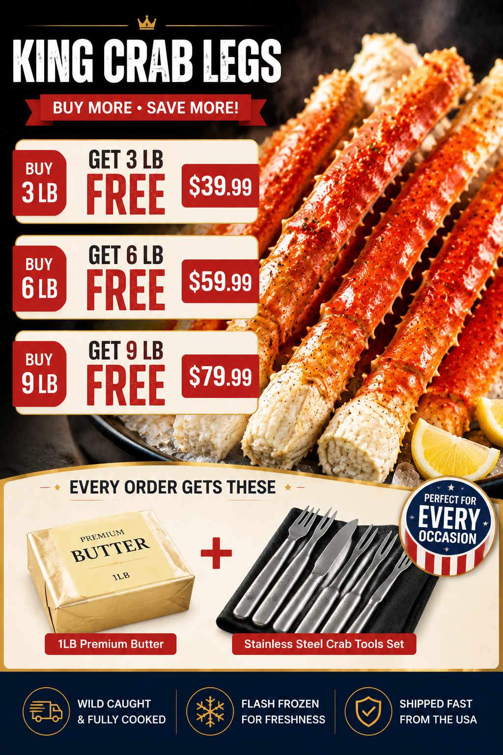 🦀 King Crab Legs Mega Deal – Premium Large Crab Legs With Juicy Meat, FREE Butter & Crab Tools Included